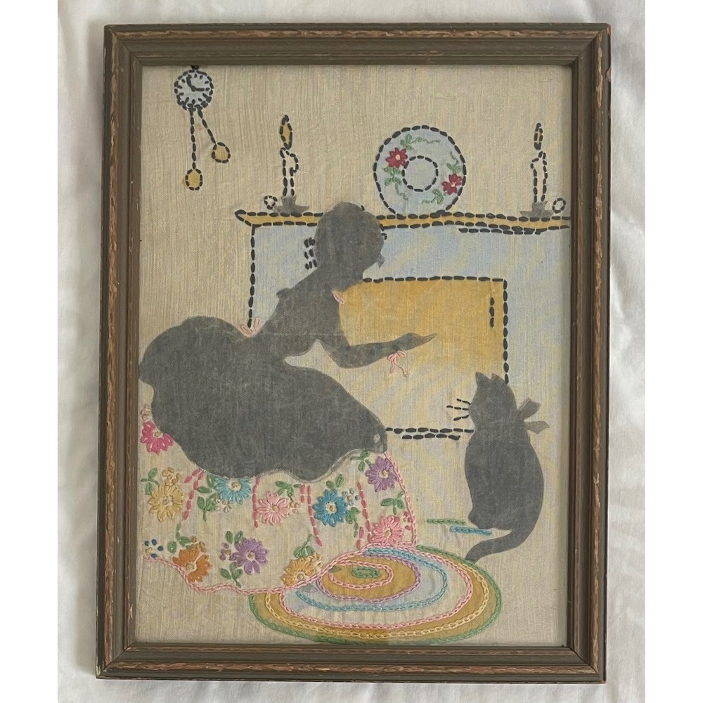 Vintage Hand Embroidered Silhouette Victorian Women Cat Framed Wall Folk Art 20t